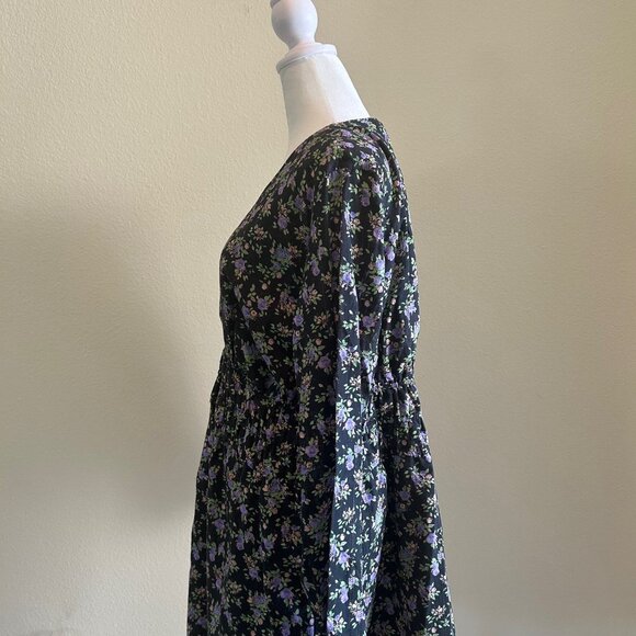Zara Dress Womens Black Purple Floral Mini Long Sleeve Deep V Cotton Cottage XXL - Picture 4 of 8